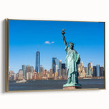 Framed canvas wall art of Statue of Liberty in black and gold, vintage poster style, ideal for bedroom decor.