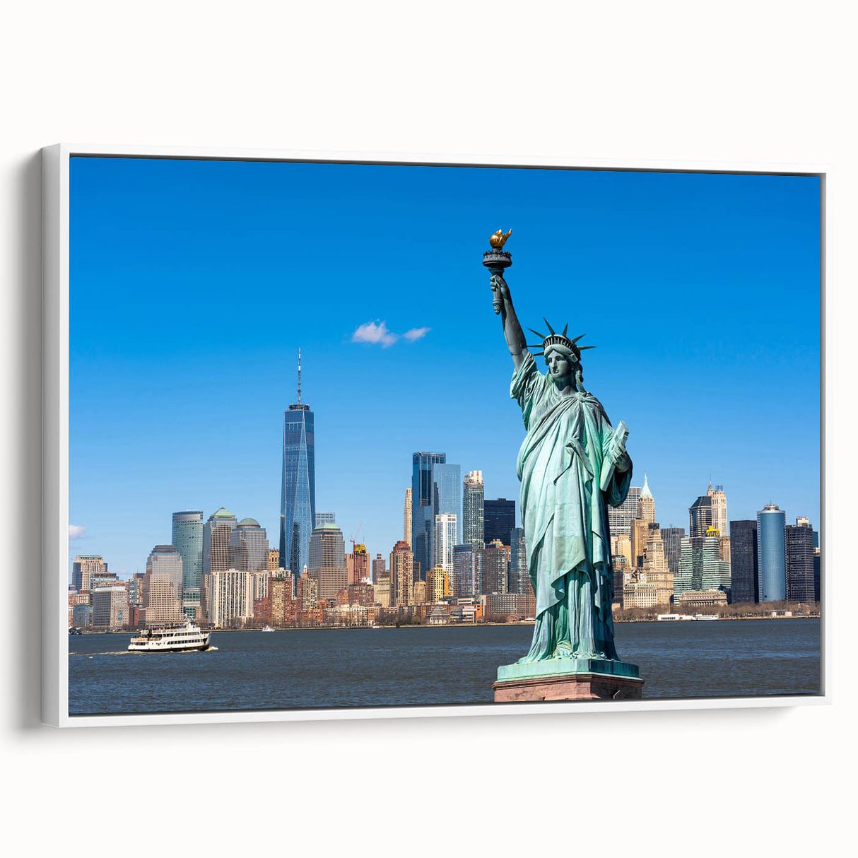 Vintage poster art of the Statue of Liberty in colorful hues on a large framed canvas, ideal for living room decor.