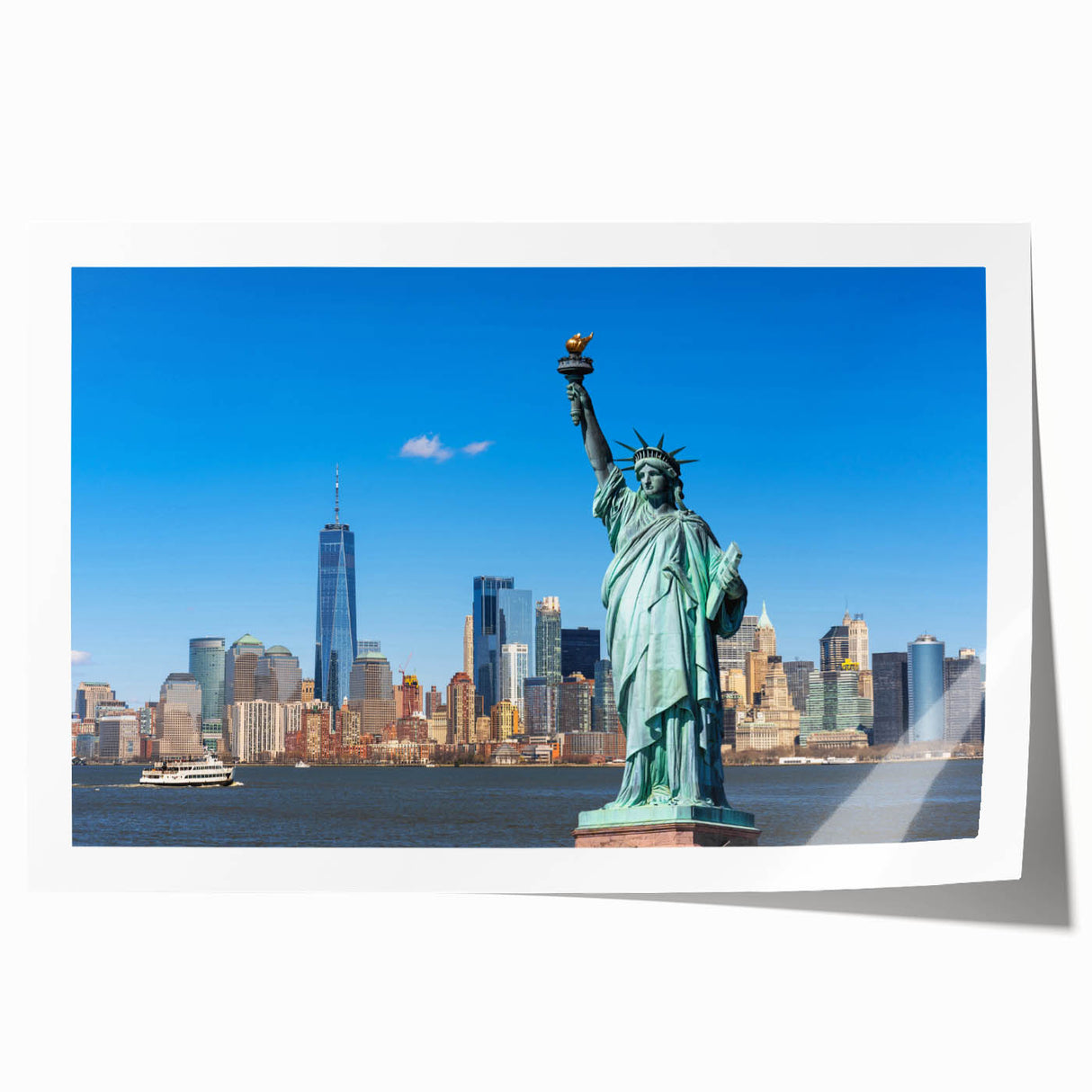 Extra large rolled print of the Statue of Liberty in muted green and blue tones, suitable as art wall for dining room.