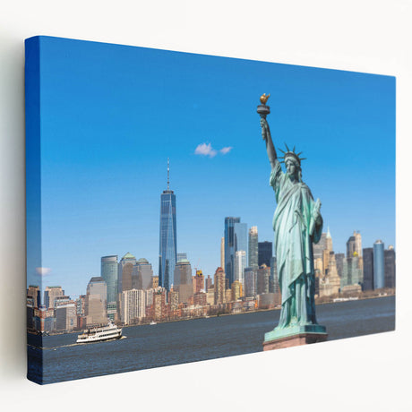 Side view of a large art canvas depicting the Statue of Liberty in muted green and blue tones, suitable for kitchen wall art.