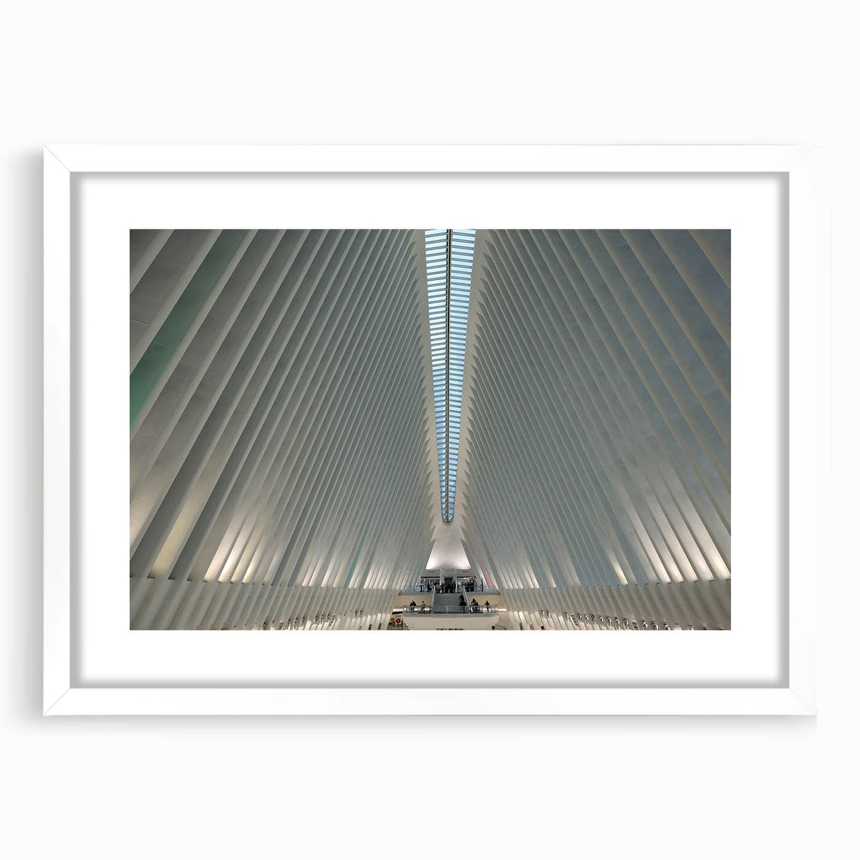 Abstract art print of NYC's Trade Center in muted gray tones on a framed white mat, suitable for dining room decor.