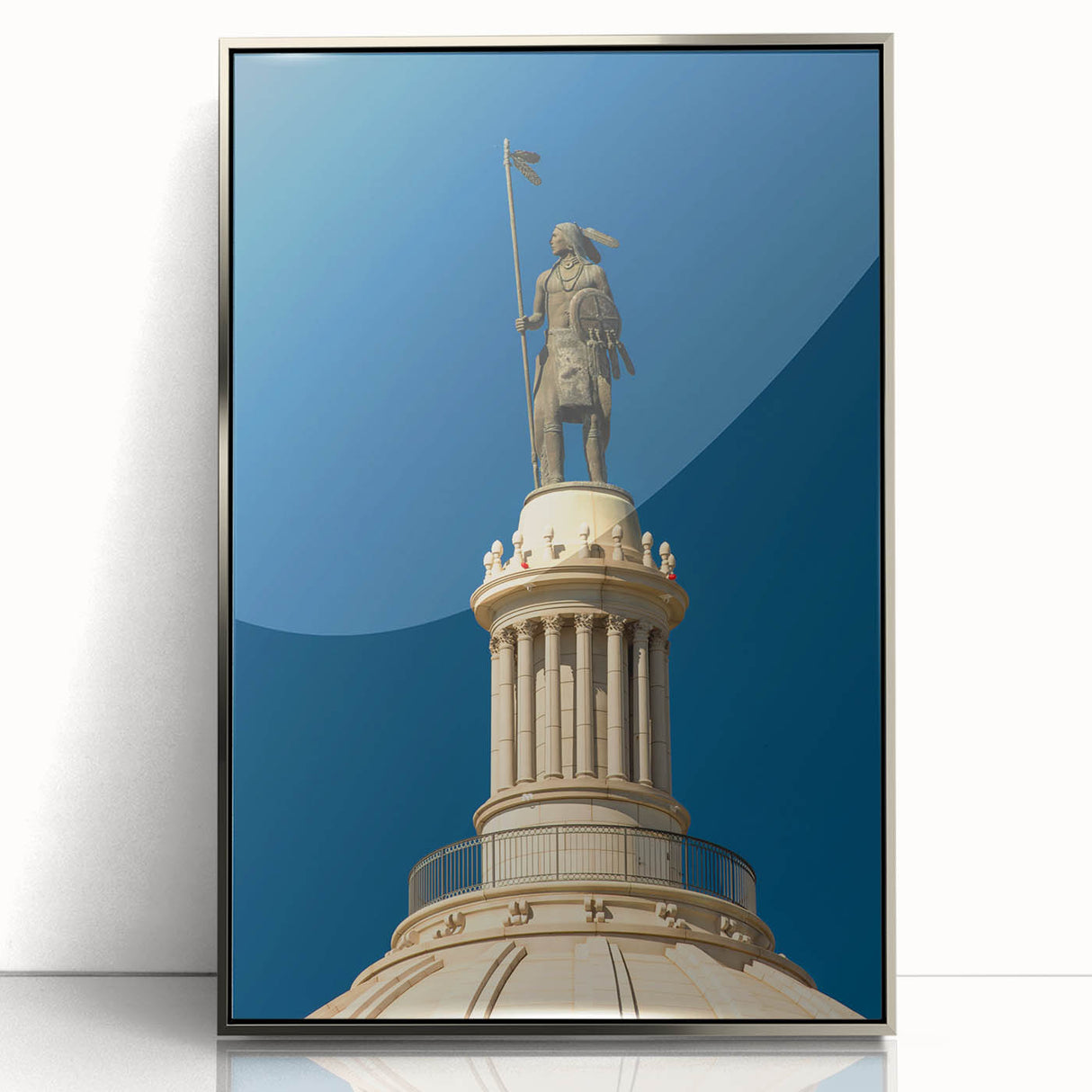Mid-century modernist art of Oklahoma scenery in muted colors on a silver-framed acrylic, suitable for nursery wall art.
