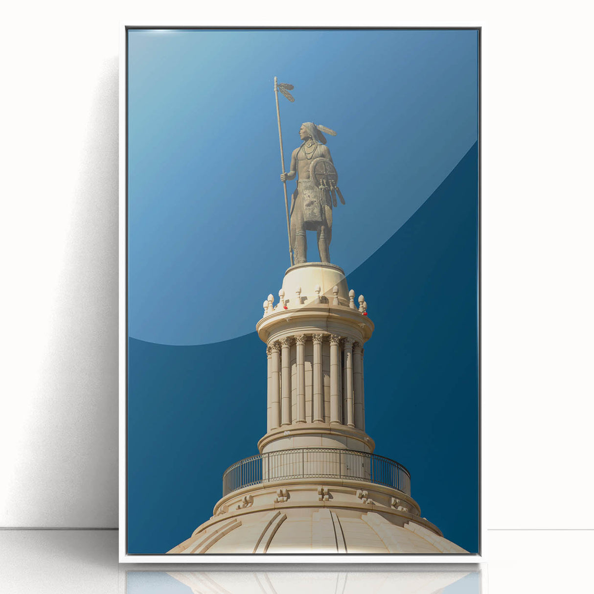Art deco poster of Oklahoma scenery in muted earth tones on framed acrylic, suitable for modern nursery wall decor.