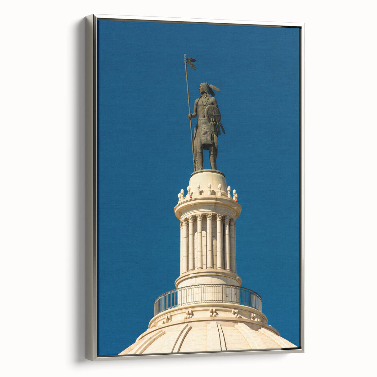 Framed canvas of a vintage-style Oklahoma landscape painting with vibrant colors on a black background.