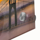 Mid-century modernist abstract art of Portland, Oregon in vibrant hues on acrylic glass, ideal for dining room decor.