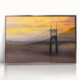 Mid-century modernist art depicting Portland, Oregon skyline in muted silver tones on a framed acrylic print.