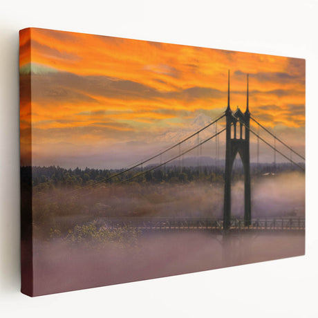 Side view of a large stretched canvas featuring a Portland, Oregon scenery in muted green and blue tones.