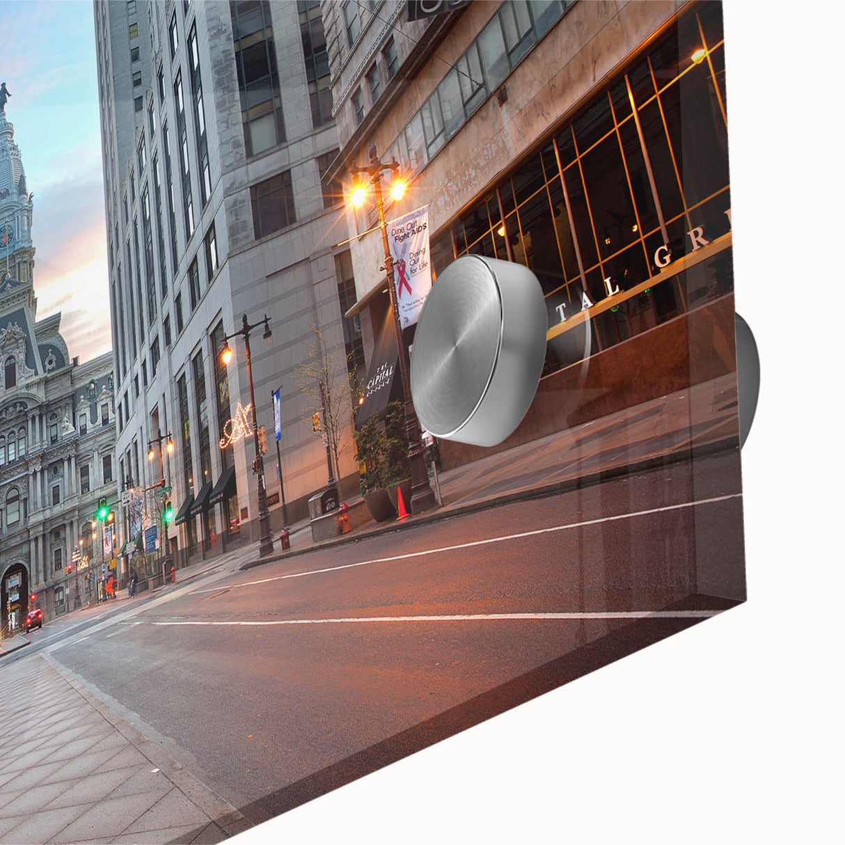 Large abstract wall art depicting Philadelphia's skyline in muted blue and gray tones, acrylic print.