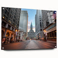 Acrylic print of Philadelphia skyline in muted blue and gray tones, suitable for bedroom or dining room decor.
