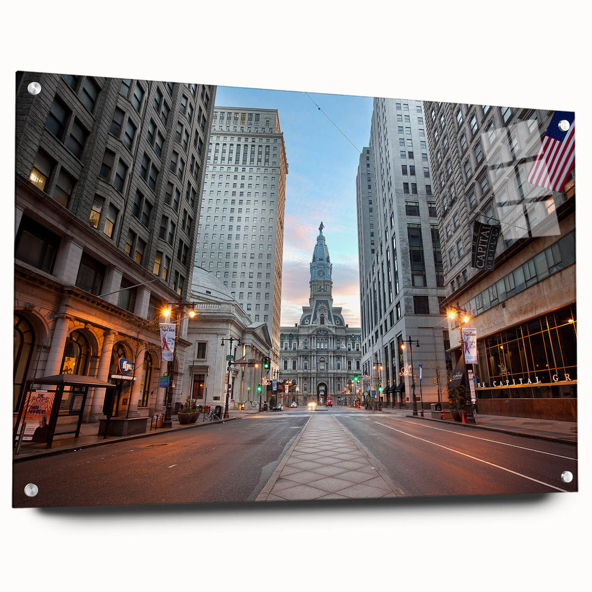 Acrylic print of Philadelphia skyline in muted blue and gray tones, suitable for bedroom or dining room decor.