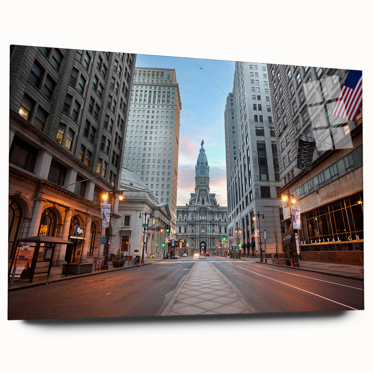 Large abstract depiction of the Philadelphia skyline in muted blue and gray tones on acrylic glass.