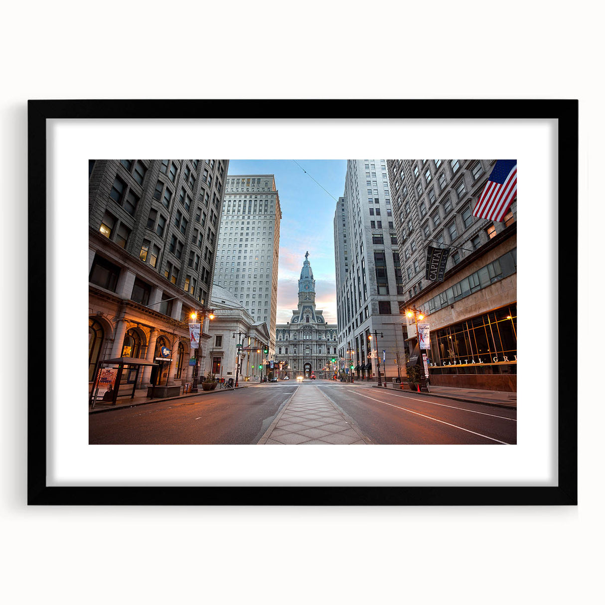 Colorful abstract art print of Philadelphia skyline with textured strokes on a large black-framed canvas.