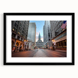 Colorful abstract art print of Philadelphia skyline with textured strokes on a large black-framed canvas.