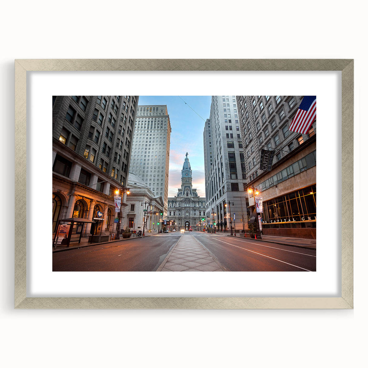 Textured abstract art print of Philadelphia skyline in muted gray and silver tones, framed with a silver mat.