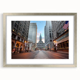 Textured abstract art print of Philadelphia skyline in muted gray and silver tones, framed with a silver mat.