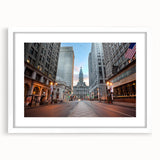 Abstract art print of Philadelphia skyline in muted gray and blue tones on a framed white mat, ideal for dining room decor.