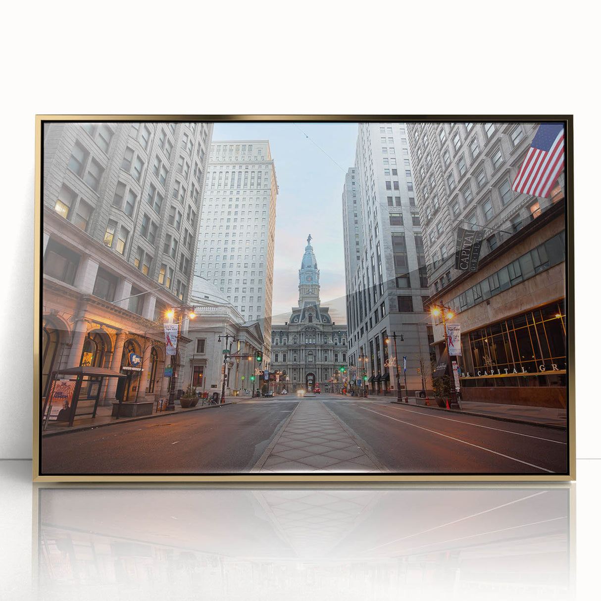 Mid-century modernist Philadelphia skyline depicted in gold and navy hues on a framed acrylic print.