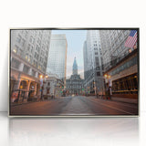 Mid-century modernist art of Philadelphia skyline in muted blues and grays on a silver-framed acrylic.