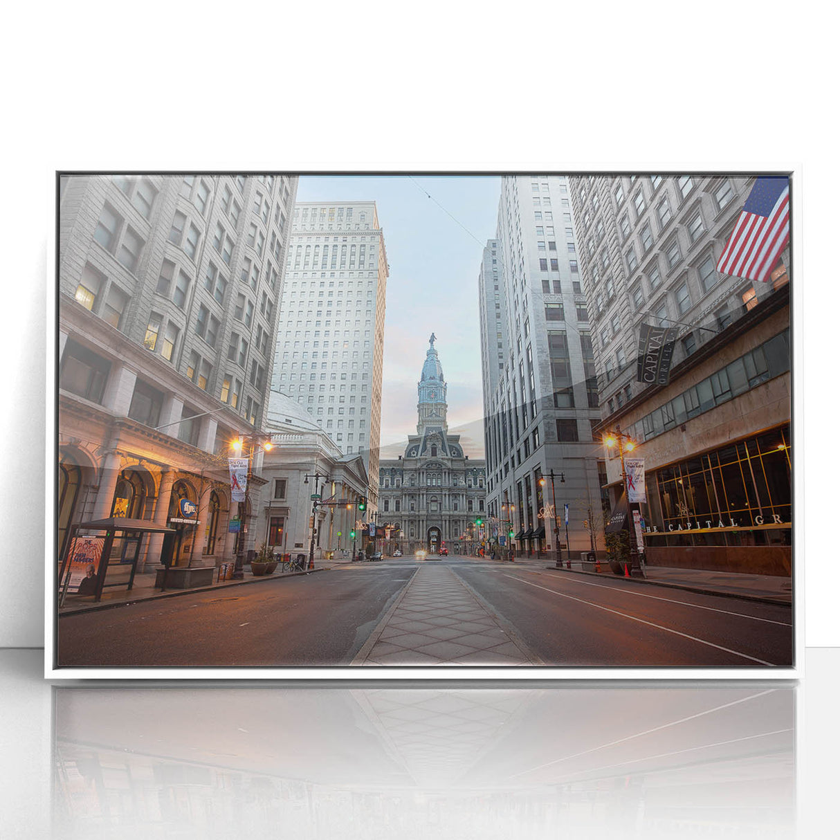 Acrylic print of Philadelphia skyline in art deco style with muted gray and blue tones, ideal for modern art wall decor.