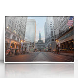 Acrylic print of Philadelphia skyline in art deco style with muted gray and blue tones, ideal for modern art wall decor.