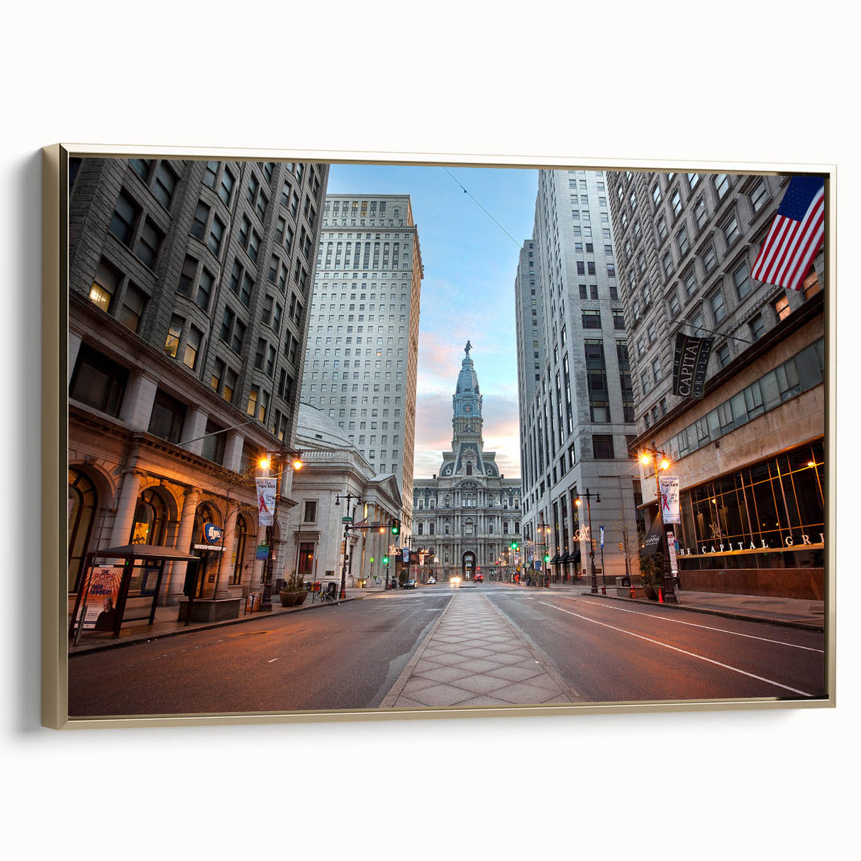 Framed canvas featuring a vintage-style landscape painting of Philadelphia in black and gold tones, ideal for bedroom decor.