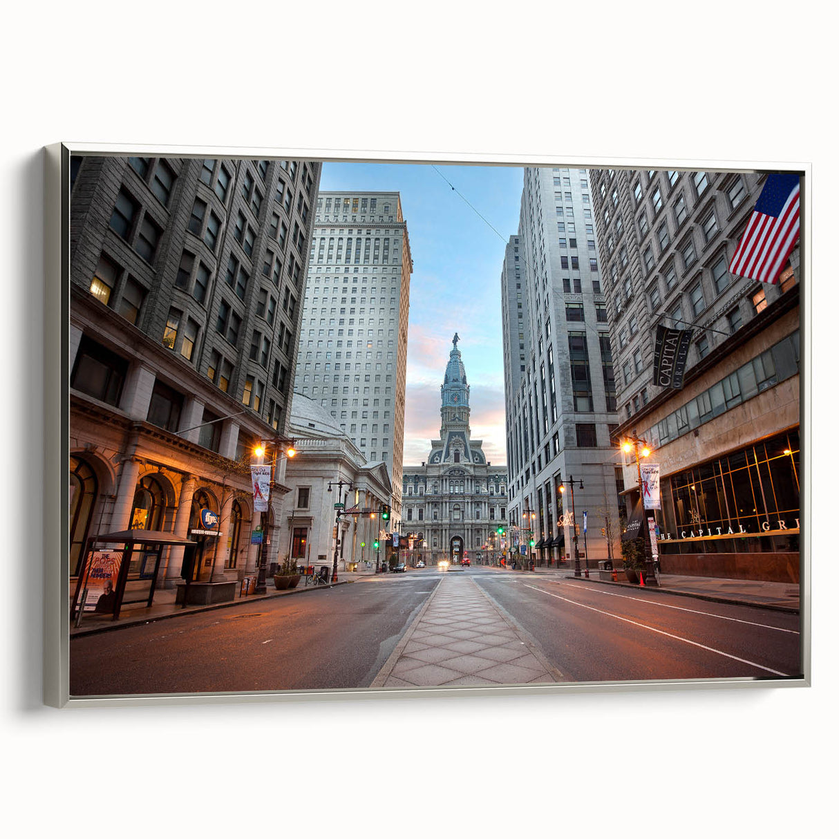 Framed canvas of a vintage Philadelphia landscape painting in muted colors, ideal for office or living room decor.