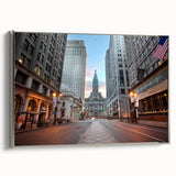 Framed canvas of a vintage Philadelphia landscape painting in muted colors, ideal for office or living room decor.