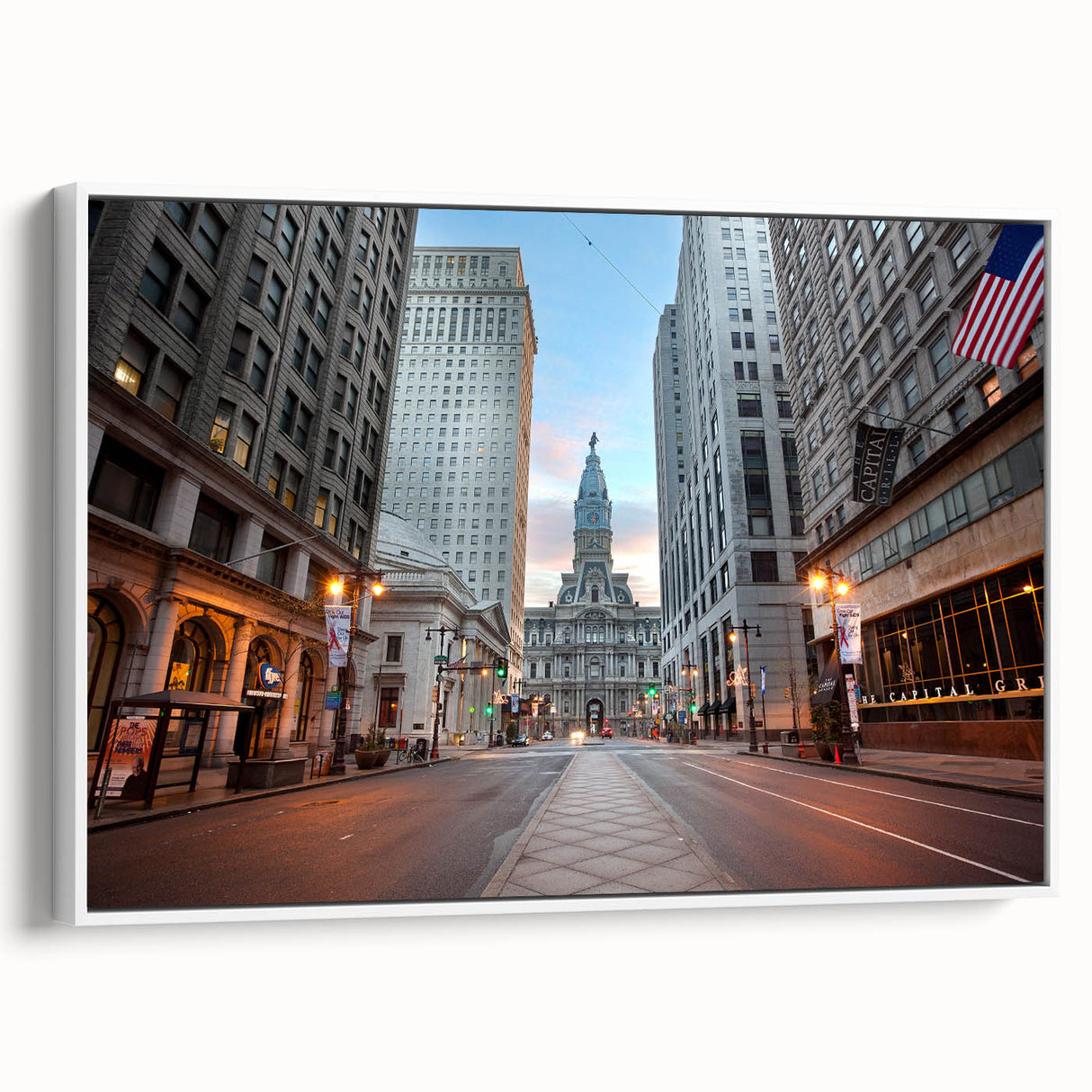 Vintage poster art of Philadelphia skyline in colorful hues on extra large framed canvas, ideal for living room decor.