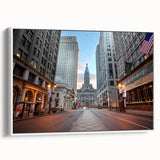 Vintage poster art of Philadelphia skyline in colorful hues on extra large framed canvas, ideal for living room decor.
