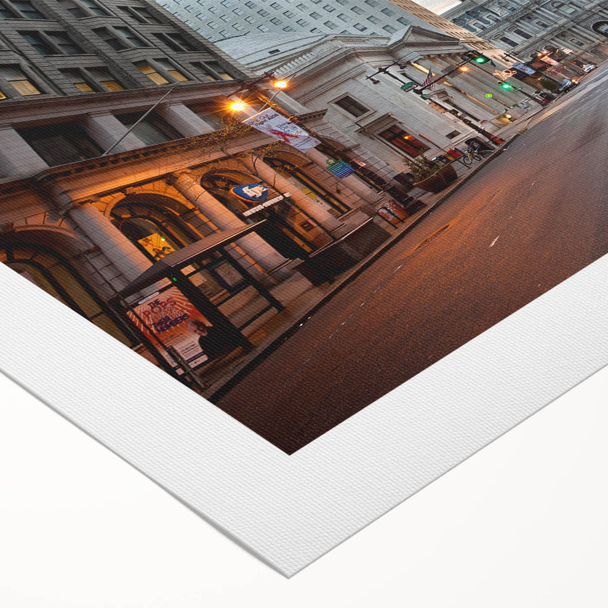 Art deco poster of Philadelphia skyline in muted gray and blue tones on rolled canvas, suitable for dining room wall art.