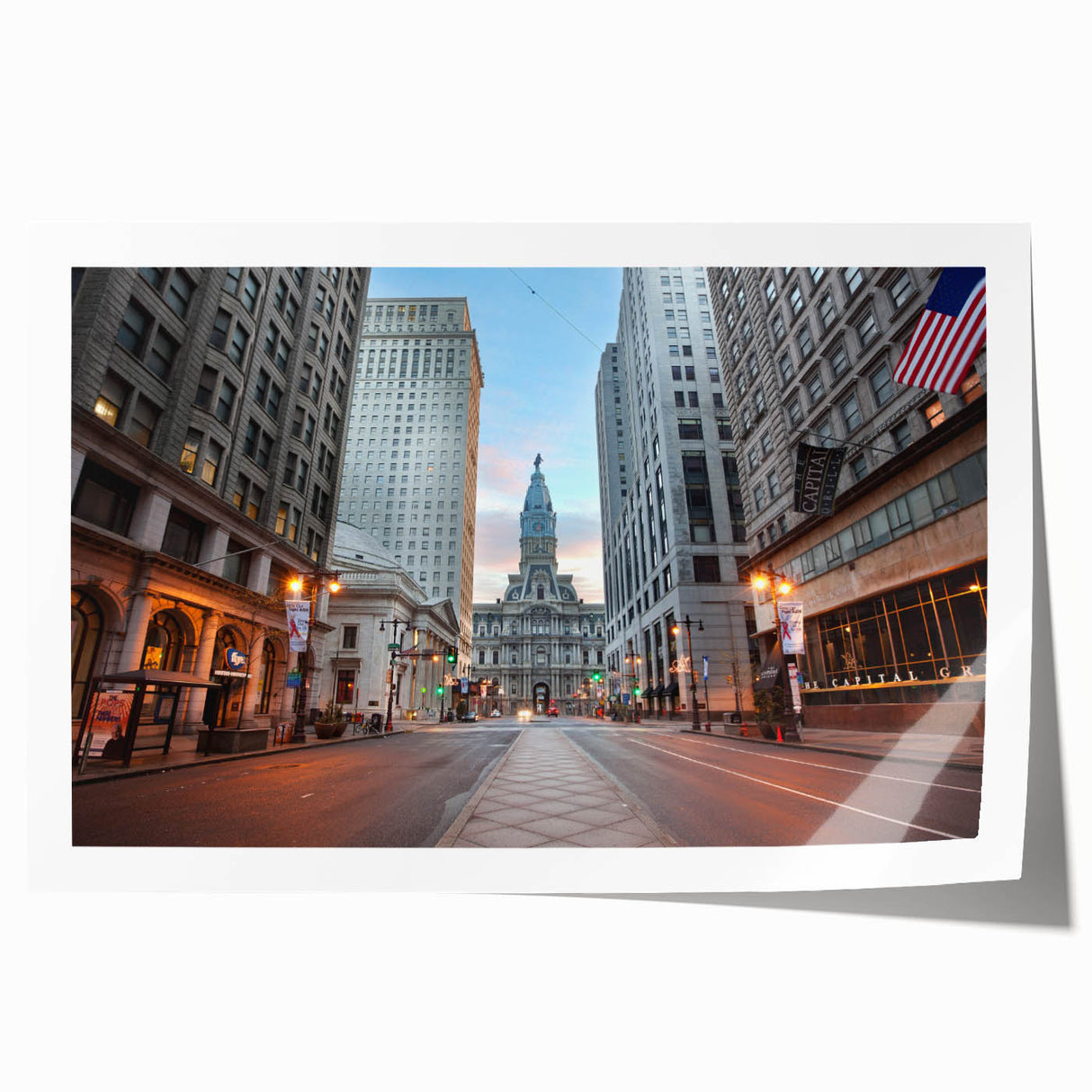 Rolled canvas print of Philadelphia scenery in muted earth tones, ideal for art wall dining room.