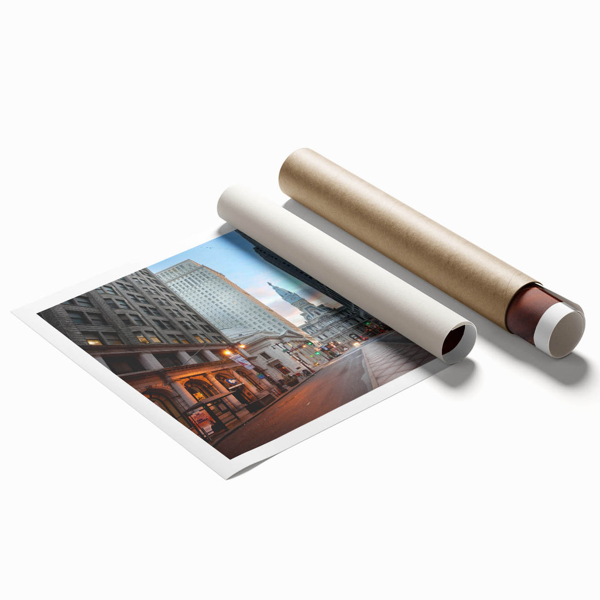 Extra large rolled print of Philadelphia skyline with floral art in pastel shades, ideal for classy bathroom wall art.