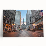 Black and white stretched canvas featuring the Philadelphia skyline, ideal for kitchen wall art or bedroom ambiance.