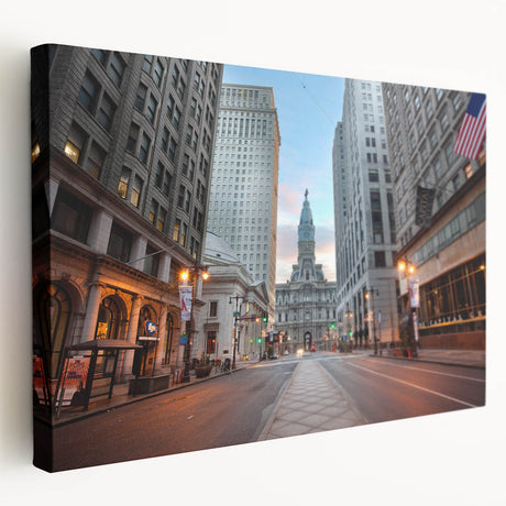 Side view of a large stretched canvas depicting the Philadelphia skyline in muted blue and gray tones.