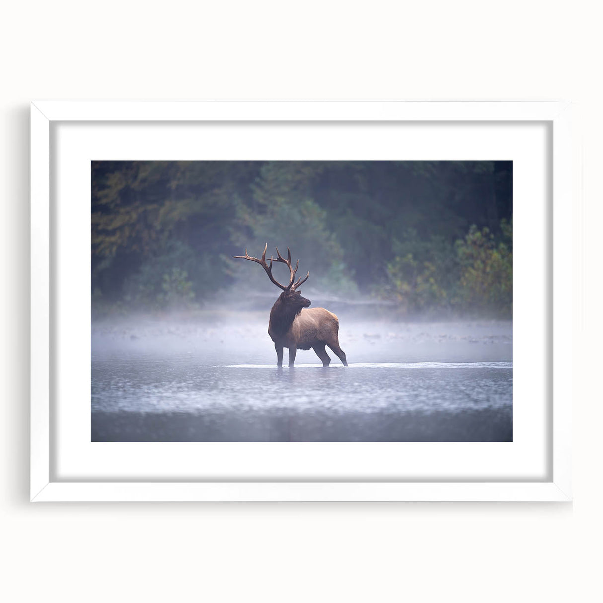 Abstract art print depicting a serene Pennsylvania landscape in soft blue and green hues, framed with a white mat.