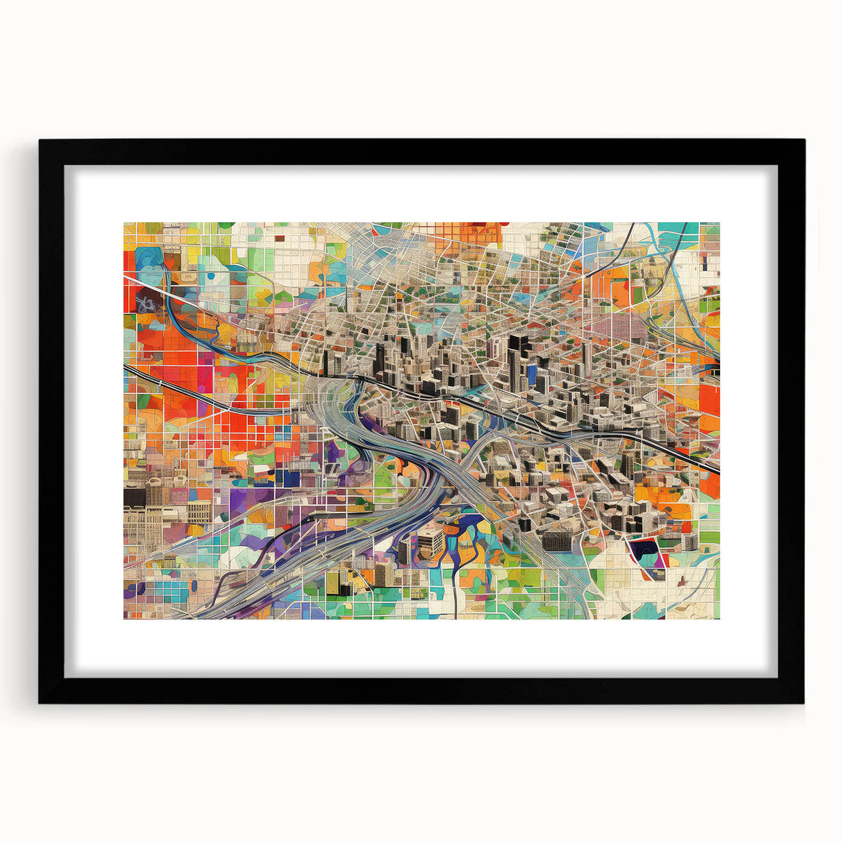 Extra large, textured abstract art print of Phoenix Valley in vibrant colors on a framed black mat canvas.