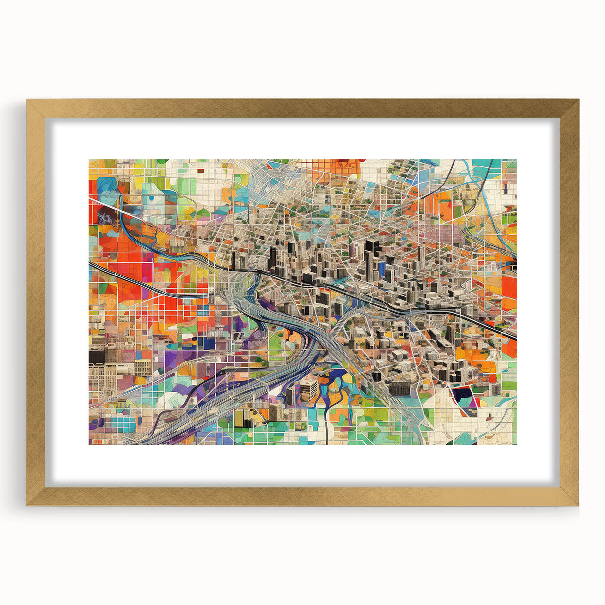 Extra large abstract art print of Phoenix valley in textured gold frame, with vibrant earth tones.