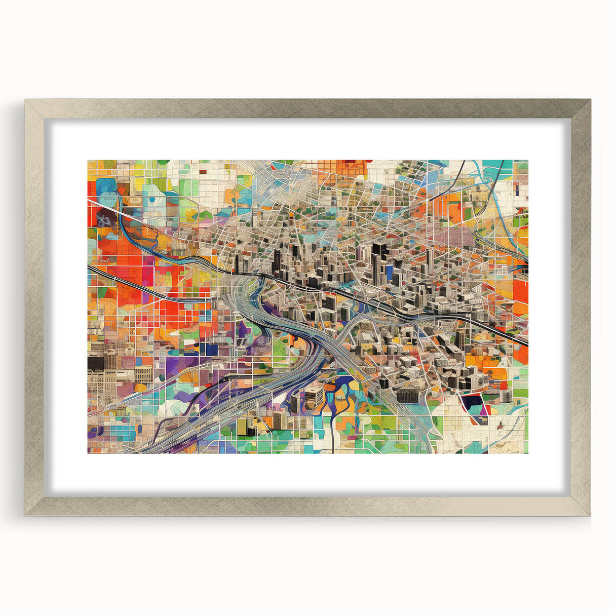 Textured art of abstract Phoenix valley in muted earth tones on a framed silver mat, ideal for bedroom wall decor.