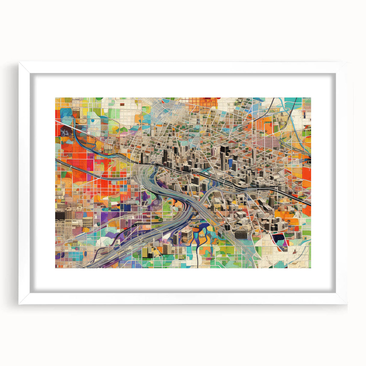 Abstract art print of Phoenix Valley in muted earth tones on a framed white mat, ideal for dining room decor.