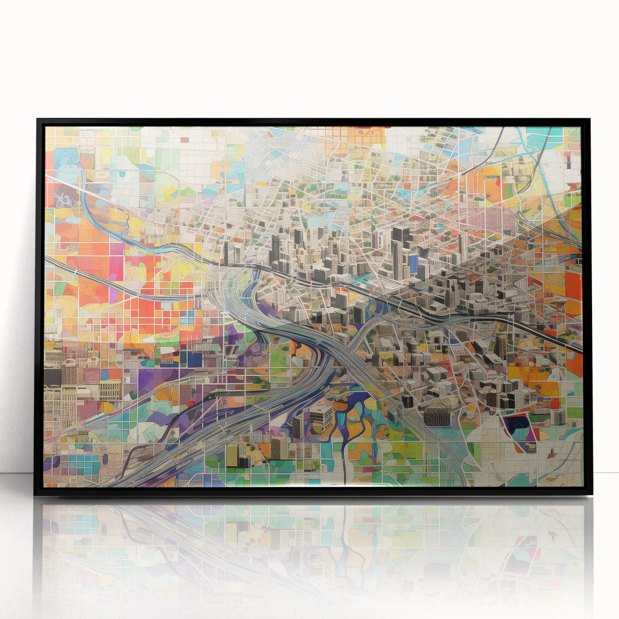 Large abstract wall art depicting Phoenix Valley in vibrant orange and blue tones on a framed acrylic canvas.