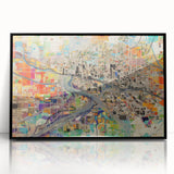 Large abstract wall art depicting Phoenix Valley in vibrant orange and blue tones on a framed acrylic canvas.