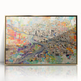 Mid-century modernist acrylic print of Phoenix valley in warm gold and orange tones, ideal for modern art wall decor.