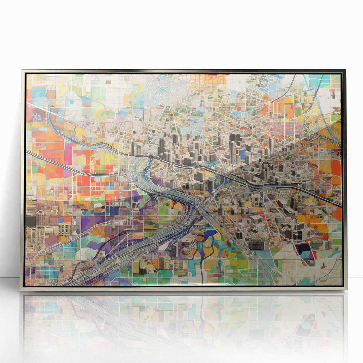 Mid-century modernist art depicting the Phoenix valley in muted earth tones on a framed acrylic print.