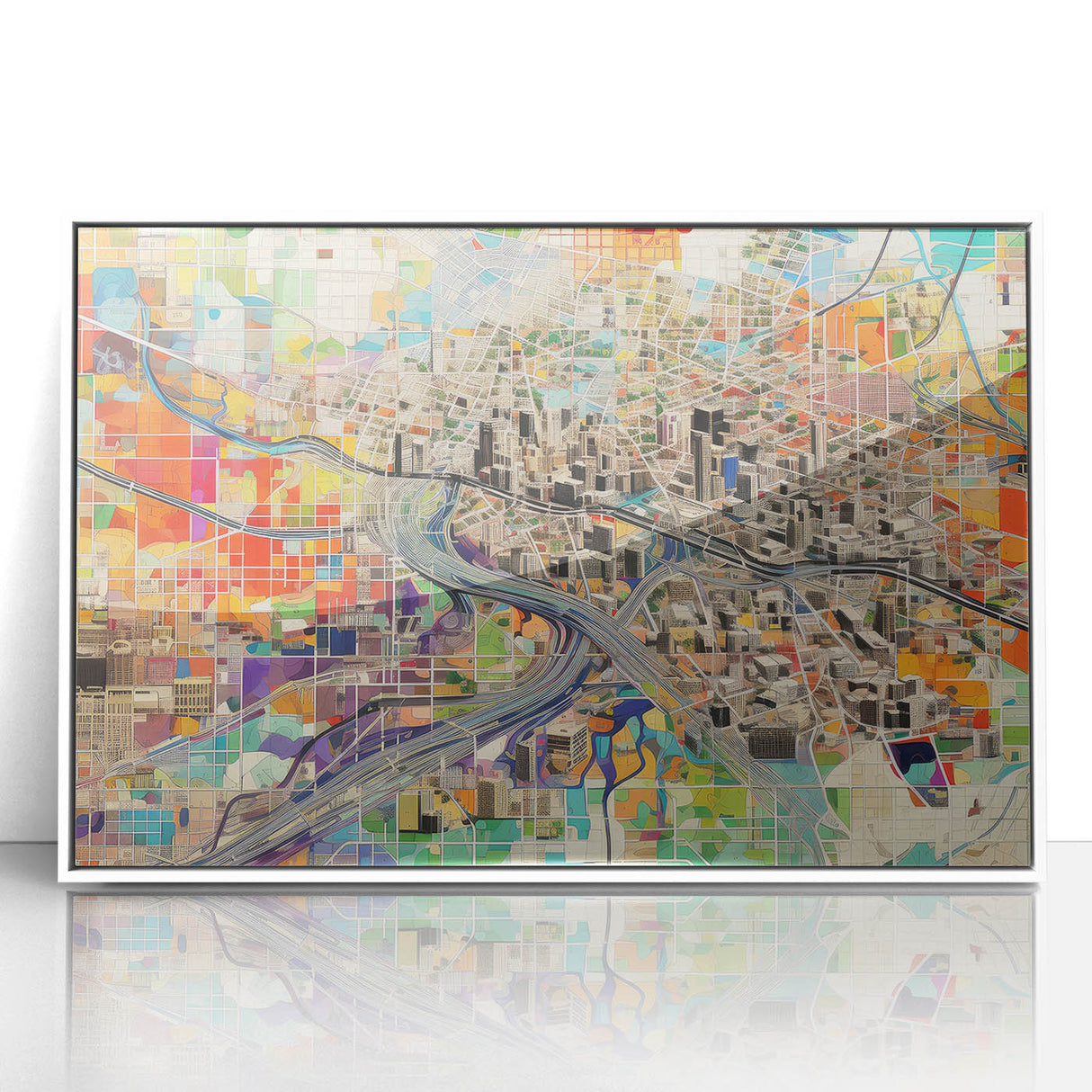 Acrylic print of Phoenix valley in art deco style with a white frame, suitable for modern art wall decor.