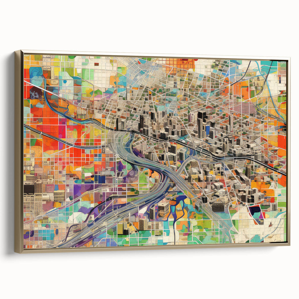 Framed canvas landscape painting of Phoenix Valley in muted gold and black, suitable as wall art for a bedroom.