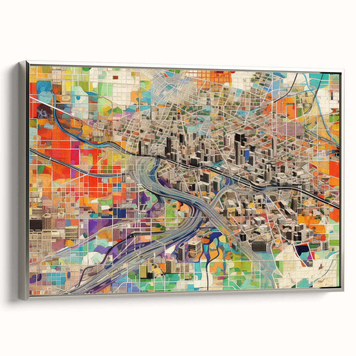 Framed canvas landscape art painting depicting the Phoenix Valley in muted earth tones, ideal for office decor.