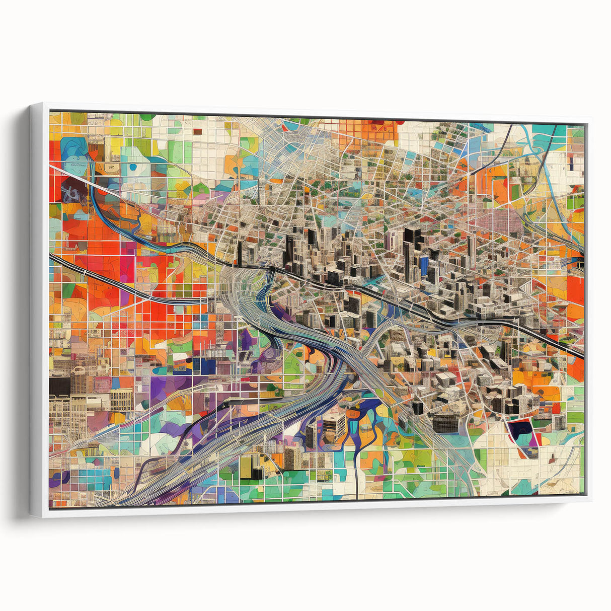 Vintage poster art of Phoenix Valley in colorful hues on extra large framed canvas, suitable for living room decor.