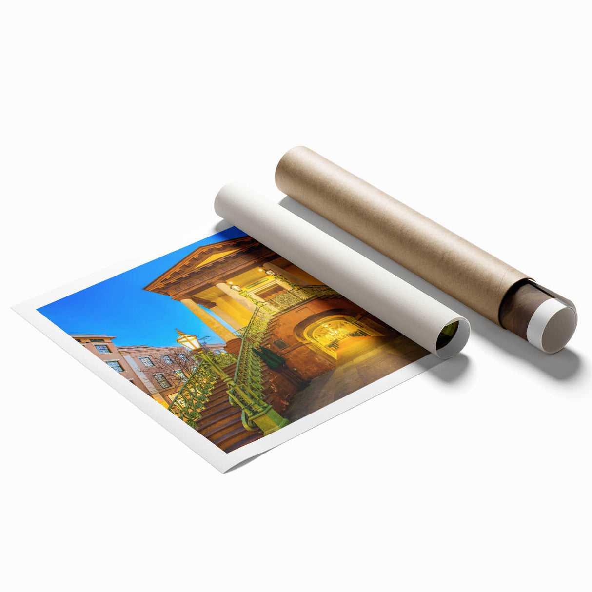 Extra large rolled print of Charleston scenery with vibrant floral elements, ideal for classy bathroom wall art.