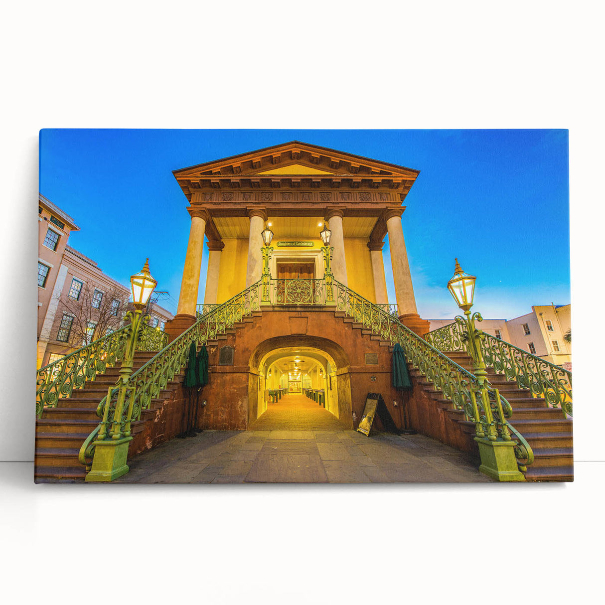 Black and white photo of Charleston scenery on large stretched canvas, ideal for kitchen wall art.