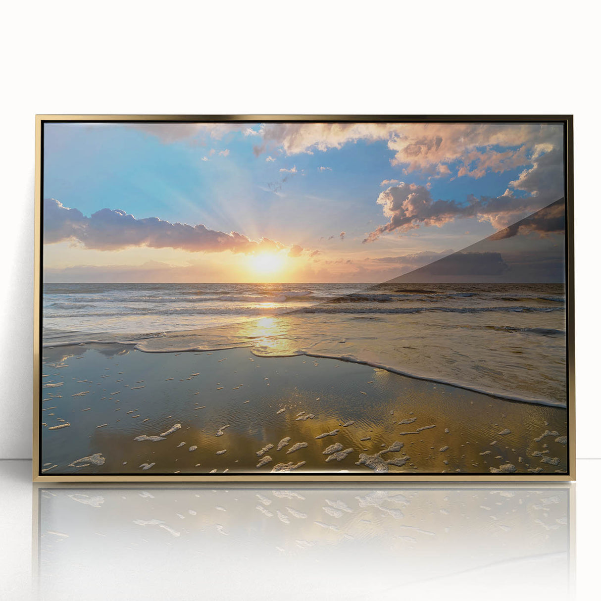 Acrylic print of South Carolina scenery with gold frame, in mid-century modernist style, suitable for nursery wall decor.